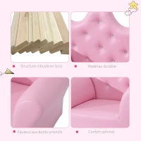 HOMCOM Ensemble Fauteuil et Pouf Enfant Design Couronne de Princesse - Dossier et Assise Pouf avec Boutons Strass Aspect Cristaux - Structure Bois revêtement synthétique PVC Rose(m-6)