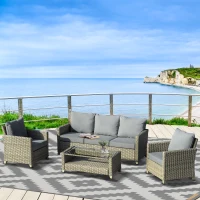 Outsunny 4 Pieces Patio Wicker Sofa Set, Outdoor PE Rattan Sectional Conversation Aluminium Frame Furniture Set w/ Padded Cushion & 2-Tier Tea Table, Brown(m-10)