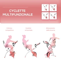 HOMCOM Cyclette Pieghevole 2 in 1, Resistenza Magnetica Regolabile 8 Livelli, Cyclette da Casa Silenziosa con Sensore di Frequenza Cardiaca, Elastici per Braccia, Schermo LCD, Volano 2.5kg, Rosa(m-8)