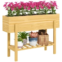 Outsunny Bloemenbak met Onderste Schap, Houten Bed met Vliesvoering en Afvoergaten, 100 x 30 x 70,5 cm, Natuurhout(m-10)