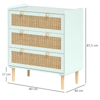 HOMCOM Slaapkamerkast met 3 Laden, Rotan Fronten, Klerenkast voor Gang, Entreegebied, MDF, Lichtblauw(m-3)