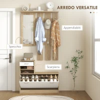 HOMCOM Mobile Appendiabiti 3 in 1 con Scarpiera e Specchio, Ganci e Cassetti, in Legno, 90x24x177 cm, Bianco e Quercia(m-4)