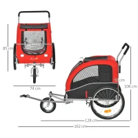 PawHut Remorque à vélo et poussette pour animaux de compagnie conception 2 en 1 pliable en tissu Oxford 4 réflecteurs drapeau inclus 162 x 74 x 85 cm rouge et noir(m-3)