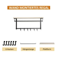 HOMCOM 2-in-1 Garderobenset Flurgaderobe mit Sitzbank Wandgarderobe für Eingangsbereich, 6 Haken, Natur+Schwarz, 75 x 30 x 45 cm(Sitzbank)(m-6)