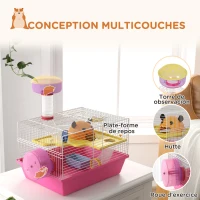 PawHut Cage à hamster rat rongeur multicolore avec plateforme, biberon eau, roue, maisonnette, 34 x 27 x 25 cm, rose(m-5)