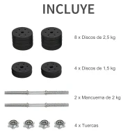 HOMCOM Conjunto de Mancuernas Ajustables de 30kg Juego de Pesas con Discos de 2,5/1,5 kg y Barras de Conexión de 2 kg Kit de Entrenamiento para Gimnasio en Casa(m-6)