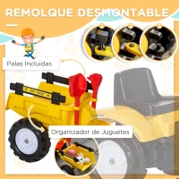 HOMCOM Tractor a Pedales para Niños de 3-6 Años Excavadora con Pala  y Remolque Extraíble 163x42x71 cm Amarillo y Negro(m-6)