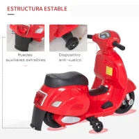 HOMCOM Moto Eléctrica Vespa para Niños de 18-36 Meses Moto de Batería 6V con Faro Bocina y 4 Ruedas Motocicleta Infantil con Licencia 66,5x38x52 cm Rojo(m-5)