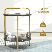 HOMCOM Beistelltisch 2-in-1 Design Industriedesign Serviertablett + Beistelltisch 1 Regal Stahl Gold + Schwarz(m-4)