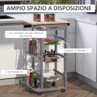 HOMCOM Carrello da Cucina con Cassetti Estraibili e 2 Portabottiglie, in Legno di Pino e Metallo, 47x37x83 cm(m-5)