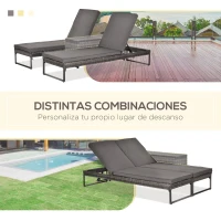 Outsunny Conjunto de 2 Tumbonas de Jardín con Cojines Acolchados Ratán con Mesa Auxiliar para Piscina o Terraza Carga 160kg 195x60x86 cm Acero Gris(m-7)