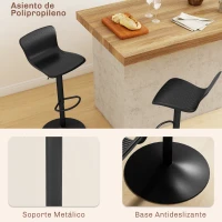 HOMCOM Conjunto de 2 Taburetes Altos de Cocina Giratorios con Respaldo y Altura Ajustable Carga 120 kg para Bar Salón Negro(m-6)
