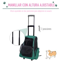 PawHut Transportín 2 en 1 para Mascotas Mochila o Carrito de Viaje para Perro y Gato con 2 Ruedas con Asa retráctil de Aluminio y Bolsillos 42x25x55 cm Verde(m-5)