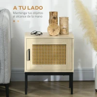HOMCOM Mesita de Noche con Puerta de Ratán Mesilla de Noche Estilo Boho con Patas de Metal para Dormitorio 43x30x51 cm Roble(m-4)