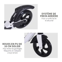 HOMCOM Trottinette pliable pour adultes enfants dolescents à partir 14 ans hauteur guidon réglable double système d'absorption des chocs roues PU alu dim. 94 x 38 x 95-105 cm blanc(m-7)