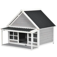 PawHut Hundehütte mit Veranda, wetterbeständig, behandeltes Tannenholz, 3 Fenster, Hellgrau + Weiß(m-10)