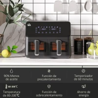 HOMCOM Freidora sin Aceite Doble 8L 2500W 8 Programas Pantalla LED Táctil Temperatura Ajustable 80-200℃ 38,5x38x30,5 cm Negro(m-6)