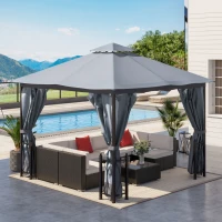 Outsunny 4 x 3.35(m) Patio Metal Gazebo Canopy Garden Tent Sun Shade, Outdoor Shelter with 2 Tier Roof, Netting and Curtains, Steel Frame, Grey(m-10)