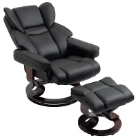 HOMCOM 360° Swivel Recliner Chair with Footstool, PU Leather Manual Recliner Armchair with Footstool, Solid Wood Base, Upholstered Reclining Chair for Living Room, Bedroom, Office, Black(m-11)
