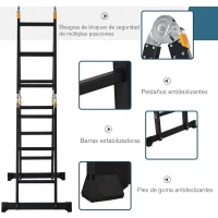 DURHAND Escalera Multiusos Plegable Escalón Caballete 5 en 1 Portátil con 2 Placas de Plataforma Pie Antideslizante 6 Interruptores Bisagra Aluminio 150 kg 370x61x11 cm Negro(m-5)
