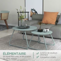 Outsunny Lot de 2 tables basses rondes gigognes empilables de Jardin métal époxy, Table d'Appoint Stable pour extérieur, Bleu(m-6)