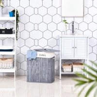 HOMCOM Bambus Wäschekorb mit Deckel 100 L Wäschesammler mit PU-Griffen, Wäschesack aus Segeltuch, Laundry Baskets Wäschesortierer für Waschküche Schlafzimmer Badezimmer Grau(m-2)