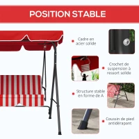 Outsunny Balancelle de Jardin 3 Places Toit Inclinaison réglable Coussins Assise et Dossier Acier Noir Polyester Rouge(m-5)