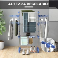 HOMCOM Stendino Verticale con 3 Ripiani Regolabili, in Acciaio e Plastica, 142x55x152 cm, Blu e Argento(m-4)