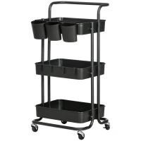 HOMCOM Carrito Auxiliar con Ruedas Carro de Almacenaje Multifuncional con Ganchos y Cajas Colgantes 42x38x86,5 cm Negro(m-10)