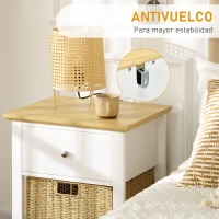 HOMCOM Mesita de Noche con Cajón y Cesta de Ratán Plegable Mesa Auxiliar para Salón Dormitorio 49x39x64 cm Blanco y Natural(m-6)