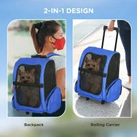 PawHut Pet Travel Backpack Bag Cat Puppy Dog Carrier w/ Trolley and Telescopic Handle Portable Stroller Wheel Luggage Bag (Blue)(m-4)