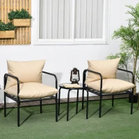 Outsunny Outdoor Sitzgruppe, 3-teilig, 2 Stühle, Tisch mit Glasplatte, Sitzkissen, Metallgestell, Beige(m-2)
