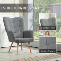 HOMCOM Butaca de Dormitorio con Respaldo Alto Reposabrazos Tela de Lino y Patas de Madera para Sala de Estar 71x76x101 cm Gris(m-5)