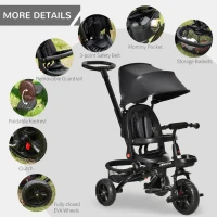 HOMCOM 4 in 1 Kids Trike Toddler Foldable Pedal Tricycle w/ Reversible Angle Adjustable Seat Removable Handle Canopy Belt Brake for 1-5 Years - Black(m-9)