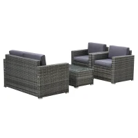 Outsunny Set da Giardino 4 Pezzi in Rattan PE e Acciaio, con Divano, 2 Poltrone e Tavolino da Caffè, Grigio(m-10)