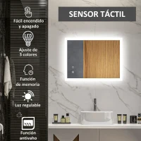 kleankin Espejo de Baño con Luces LED 70x50 cm Antivaho con Luces Retroiluminado 3 Colores Función de Memoria Interruptor Táctil(m-4)