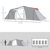 Outsunny Four-Man Tunnel Tent, with Two Bedrooms and Living Room - Grey/Red(m-3)