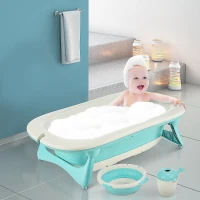 HOMCOM 3 in 1 Collapsible Baby Bath Tub Set Folding Kids Tub Wash Basin Shampoo Cup Non-Slip Support Leg for 0-3 Years, Green(m-2)