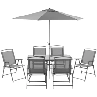 Outsunny Conjunto de Muebles de Jardín 8 Piezas con 6 Sillas Plegables Mesa de Comedor de Vidrio y Sombrilla Inclinable con Manivela Protección del Sol para Terraza Exterior Gris(m-10)