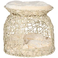 PawHut Katzenhaus aus PE-Rattan, 2 Etagen, Katzenhöhle mit Kissen, 42 cm x 42 cm x 40 cm, Beige(m-1)