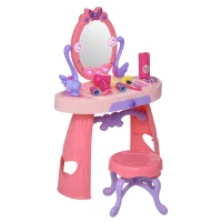 HOMCOM Kids Pretend Vanity Table Stool Beauty Pretend Princess Dressing Table Play Set with Mirror Lights Music & Makeup Accessories for Girls 3 Years Old Pink(m-1)