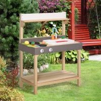 Outsunny Matschküche mit Wasserhahn Kinderküche mit Zubehör 14-Teilige Spielküche Spielzeugküche Holz Kunststoff Natur+Grau+Weiß 75 x 40 x 100 cm(m-2)