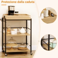 HOMCOM Carrello da Cucina a 3 Ripiani con Vassoio Rimovibile e Ruote Girevoli, 72x40x94cm, Legno e Nero(m-7)