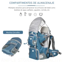 HOMCOM Mochila Portabebés Plegable Ajustable Portador de Bebé Ergonómica Manos Libres 6-36 Meses con Protector de Lluvia y Sol Carga 18 kg Gris y Azul(m-5)