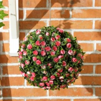 HOMCOM Set of 2 Decorative Artificial Plants, UV-protected Artificial Plant Topiary Rose Balls, Fake Plants for Home Indoor outdoor Decor, 28cm, Pink(m-8)