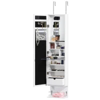 HOMCOM Hängender Schmuckschrank mit LED Spiegelschrank mit Schublade Regal Wandspiegel Türspiegel höhenverstellbar Weiß 130 cm hoch(m-10)