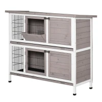 PawHut Cage à lapin en bois massif clapier 2 niveaux toit ouvrant avec auge plateaux coulisants 4 portes 122 x 50 x 101 cm gris blanc(m-10)