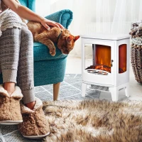 HOMCOM Camino Elettrico Effetto Fiamma e 3 Lati Aperti, Temperatura Regolabile 900W-1800W, Protezione da Surriscaldamento, Copertura 20-25m², 39x26x54.8cm, Bianco(m-2)