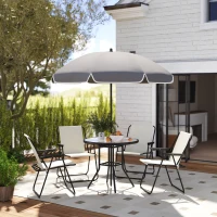 Outsunny 4 Seater Garden Furniture Set, 6 Pieces Garden Table and Chairs with Parasol, Outdoor Garden Dining Set with Folding Chairs and Round Glass Top Table for Patio, Cream White(m-2)