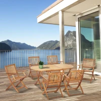 Outsunny 7 Piece Wooden Garden Dining Set with Umbrella Hole, Folding Dining Table and Armchairs with Parasol Hole, 6 Seater Outdoor Patio Furniture for Backyard, Deck and Balcony, Teak(m-2)